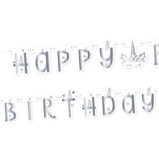 Baner Happy Birthday Unicorn srebrna slova 250 cm