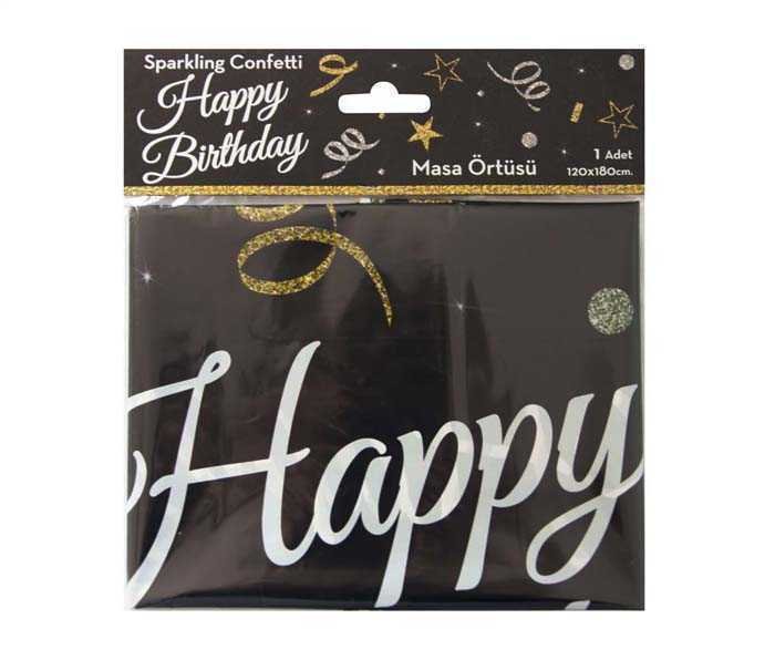 Stoljnjak Happy Birthday crni sa sjajnim konfetama PVC 180x120 cm