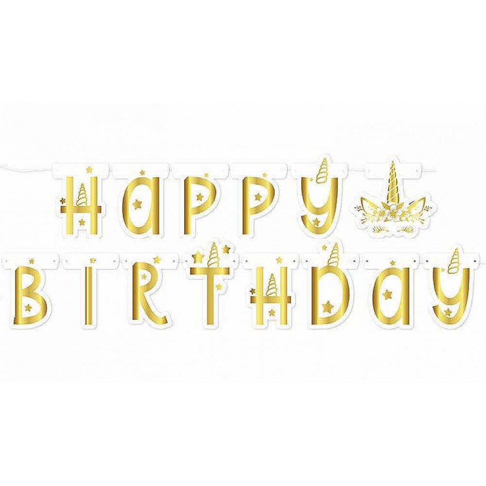 Baner Happy Birthday Unicorn zlatna slova 250 cm