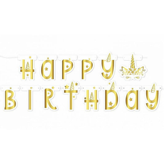 Baner Happy Birthday Unicorn zlatna slova 250 cm
