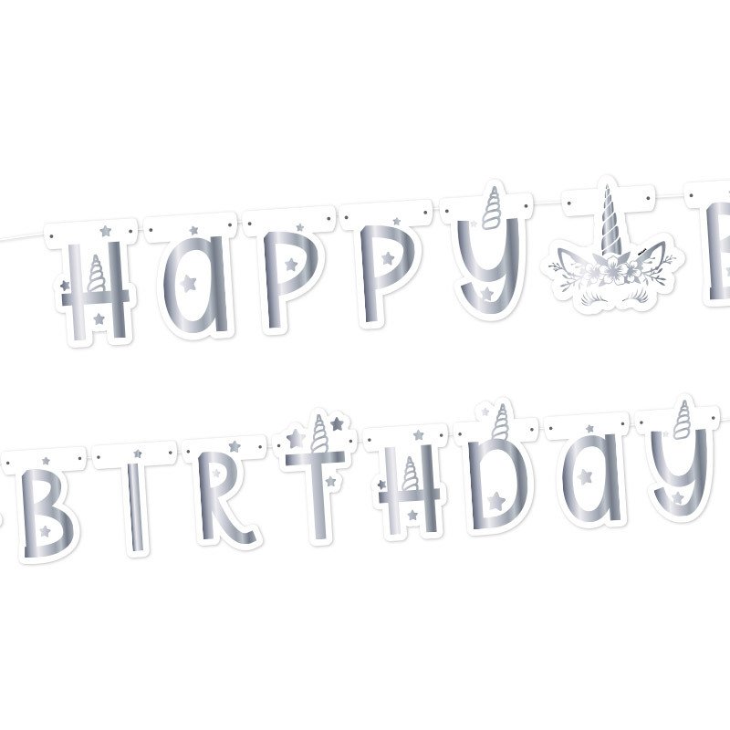 Baner Happy Birthday Unicorn srebrna slova 250 cm
