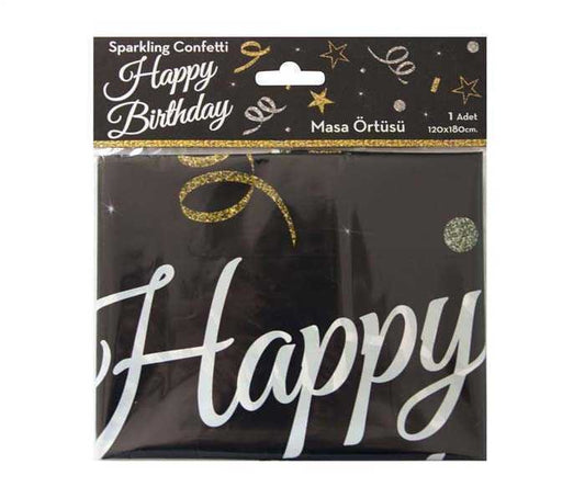 Stoljnjak Happy Birthday crni sa sjajnim konfetama PVC 180x120 cm
